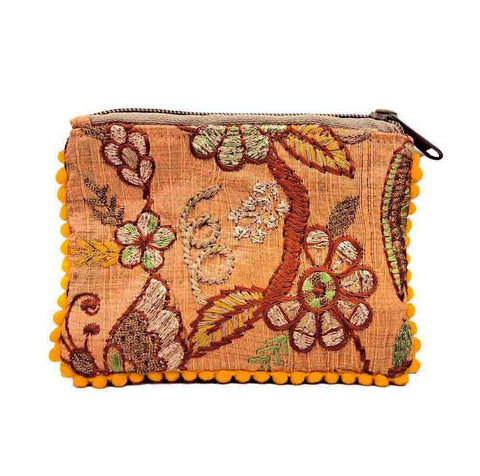 A Peach Bird and Butterfly Embroidered Bag with a zippered closure