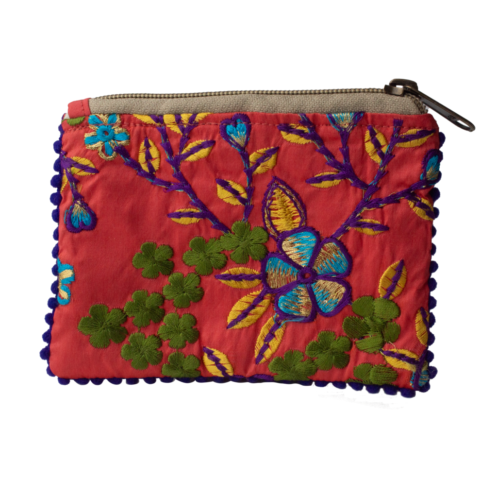 Vivid Coral & Purple Embroidered Change Purse