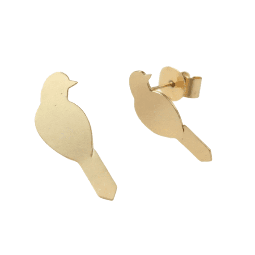 Gold bird-shaped earrings on a white background