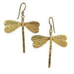 Load image into Gallery viewer, Gold toned dragonfly earrings on a white background
