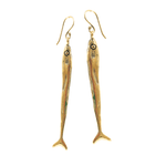 Load image into Gallery viewer, Gold toned fish-shaped earrings on a white background
