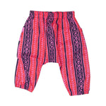 Load image into Gallery viewer, Pink, black and red patterned baby harem pants on a white background
