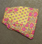 Load image into Gallery viewer, Yellow fabric with pink floral pattern on a brown surface
