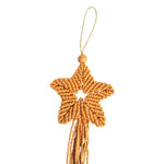 Load image into Gallery viewer, A golden-yellow macrame star ornament with a hanging loop, wooden bead, and tassel, shown against a plain white background.
