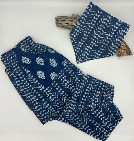 Blue and white patterned pants and matching bib on a white background