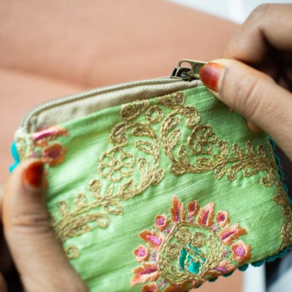 Mint Green and Turquoise Embroidered Change Purse
