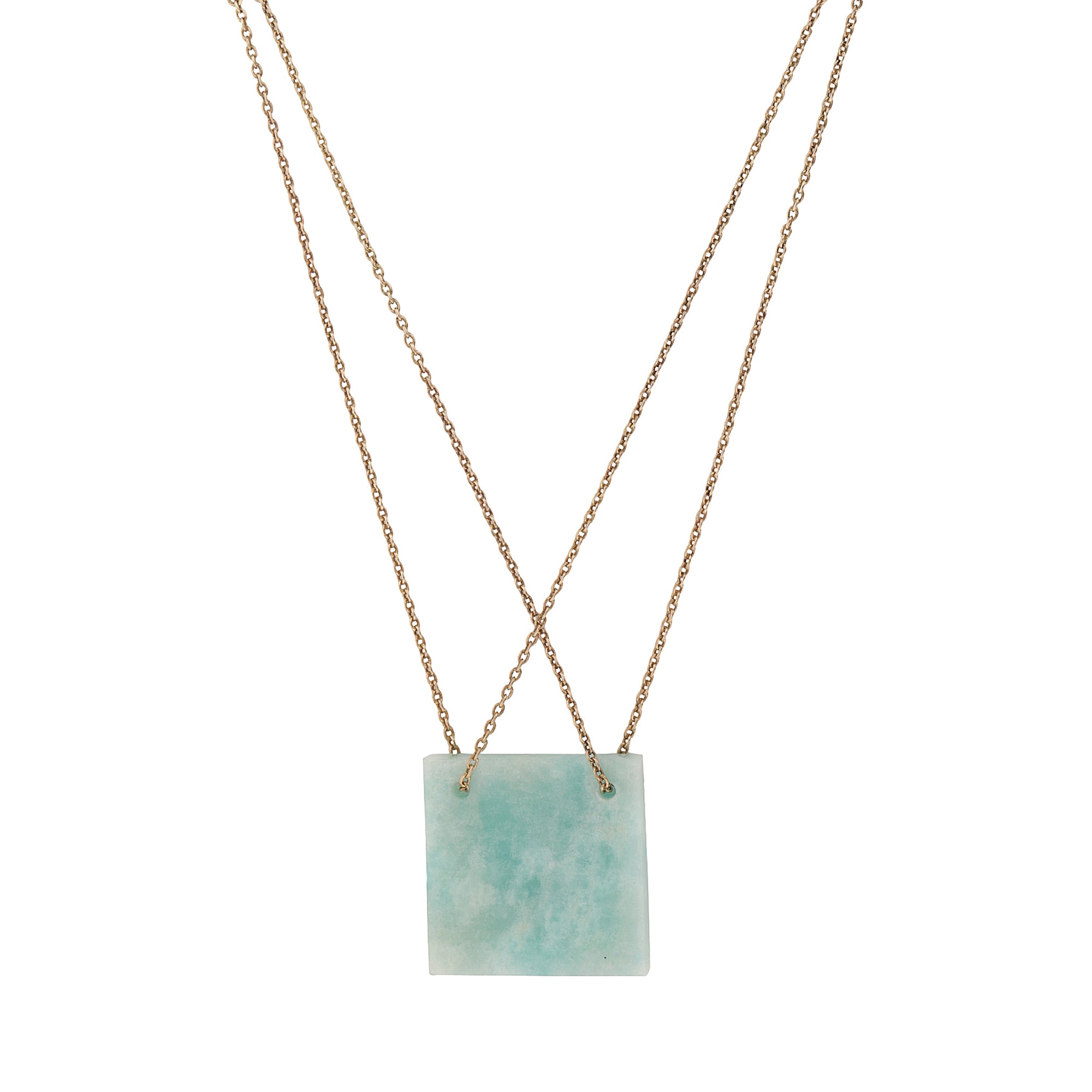 Necklace with a square green pendant on a white background