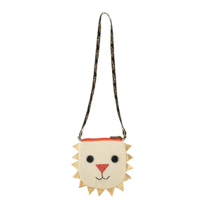 Small pouch shaped like a lion's face with a strap on a white background