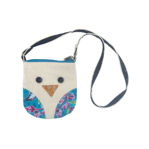 Small pouch with owl design and strap on a white background
