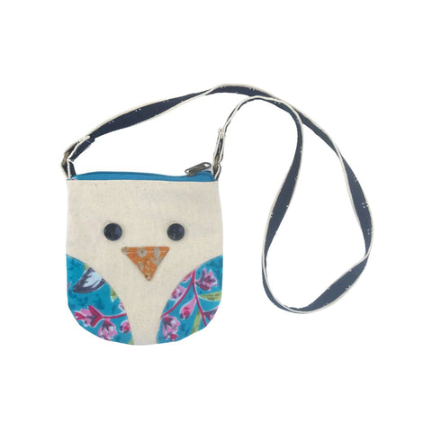 Small pouch with owl design and strap on a white background