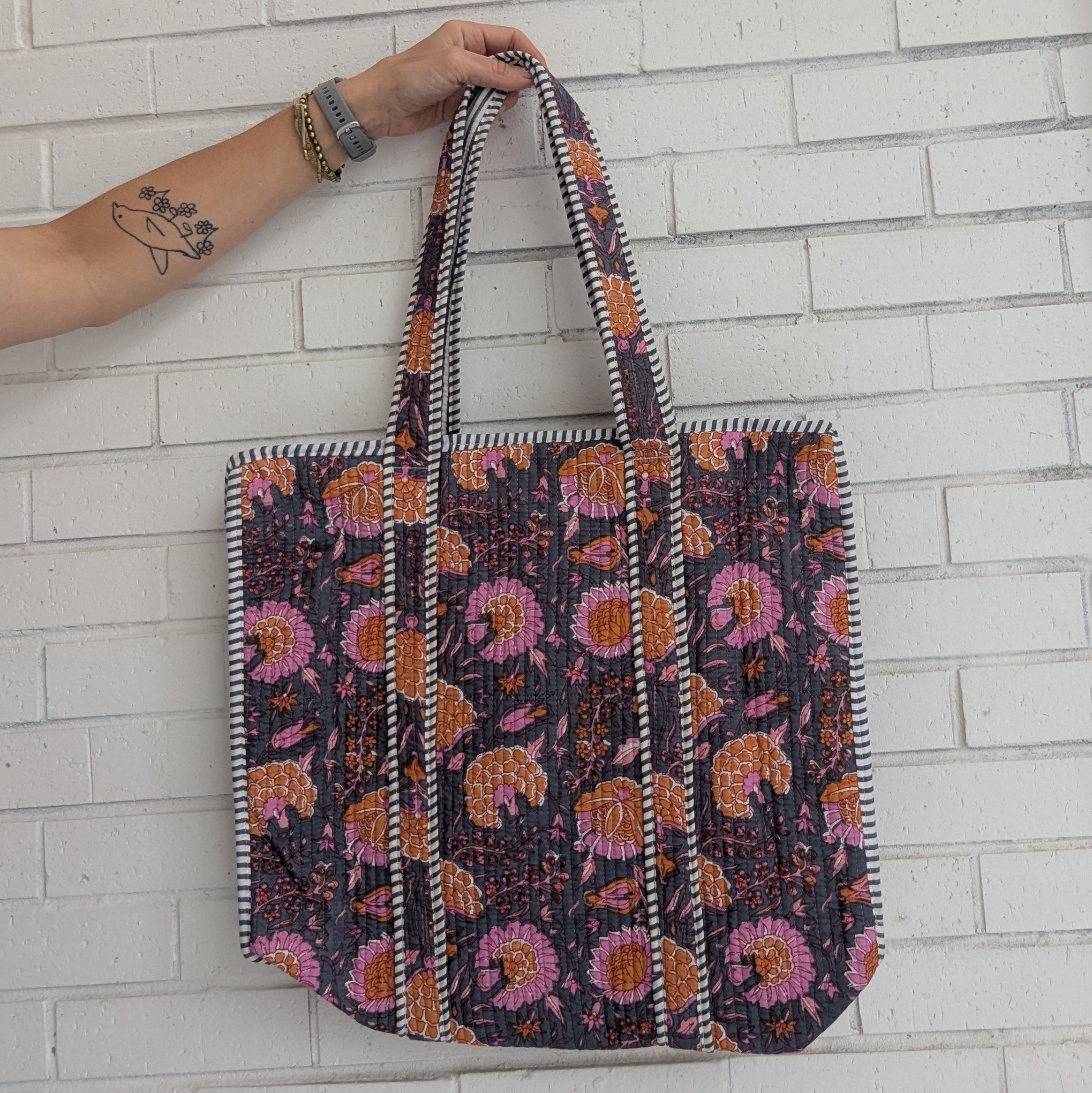 Citrus and Pink Mum Quilted Tote Bag
